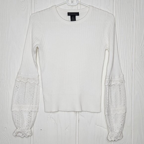 Design 365 Women's M White Ribbed Knit Eyelet Sleeve Sweater Top Saks Off 5th - Picture 1 of 6